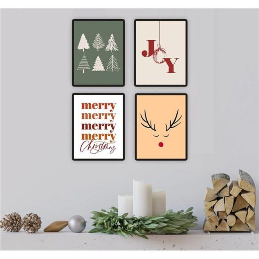 Boho Christmas Decoration December Minimalist Wall Art Set of 4 Prints